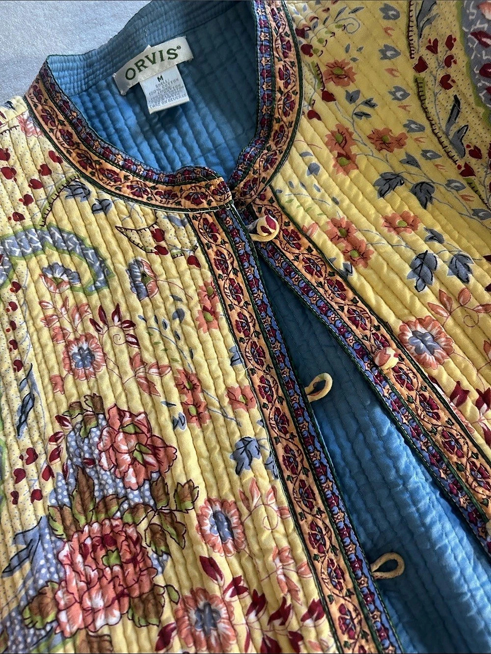 Orvis Floral Quilted Vest Yellow & Blue Medium